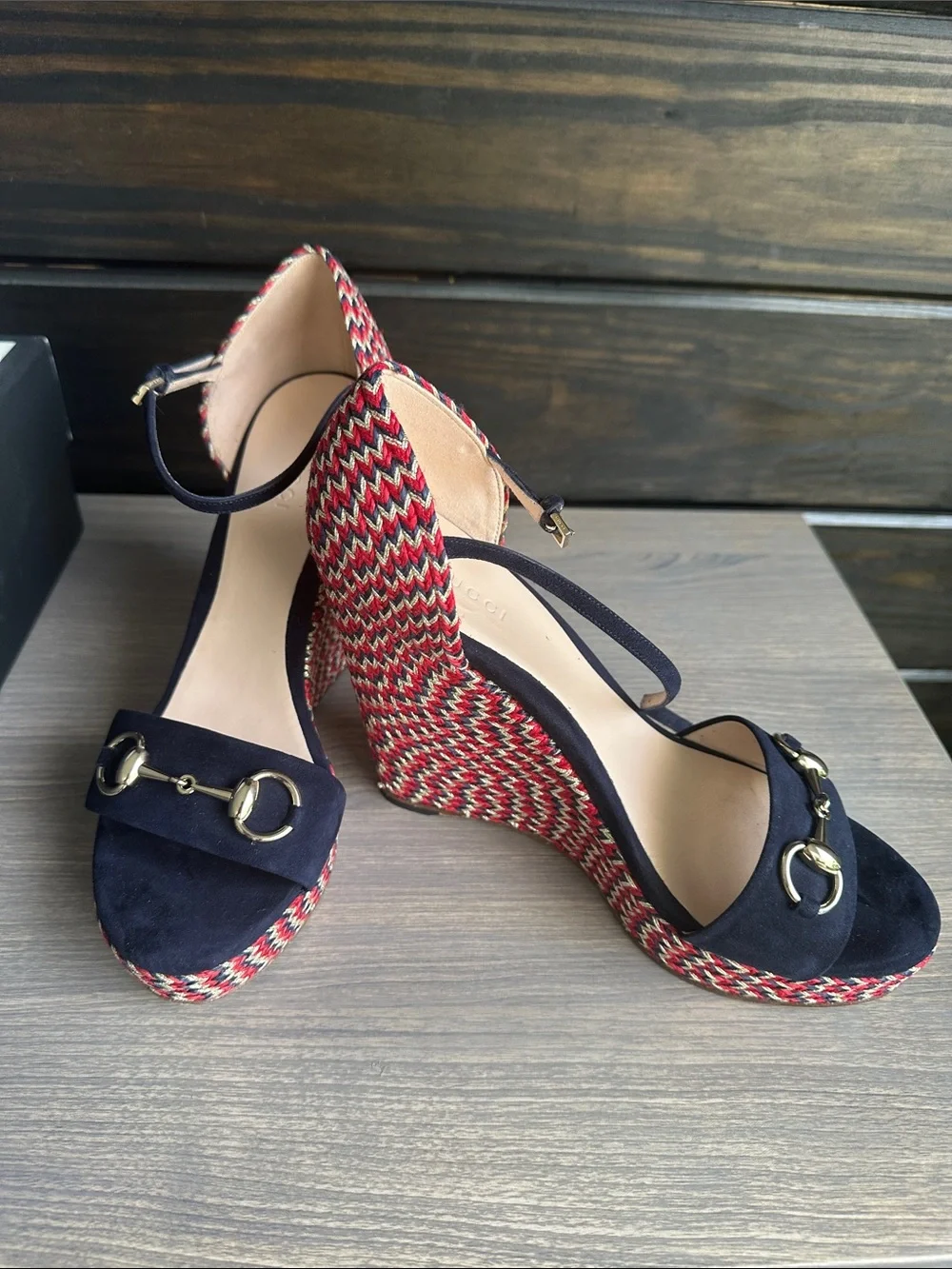 Gucci Navy Suede & Multicolor Woven Wedge Sandals